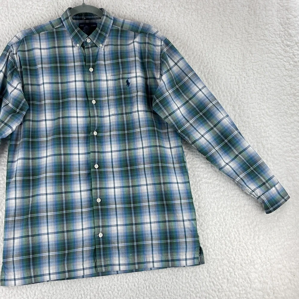 Ralph Lauren Green Blue Plaid Button-Down‎ Shirt Teen Boys Long Sleeve Size XL